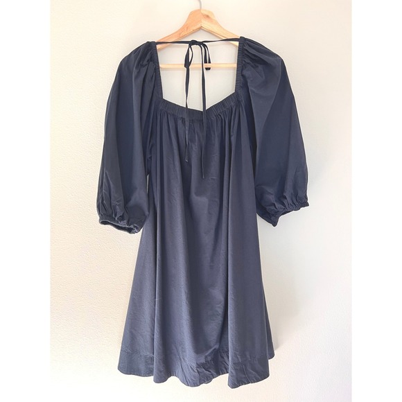 Madewell Puff Sleeve Tie Back Mini Dress Navy NS986 Cotton Viscose Size 10 - Picture 3 of 6